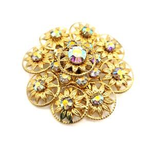 Charming Vintage Gold Tone Floral Aurora Borealis Brooch Pin